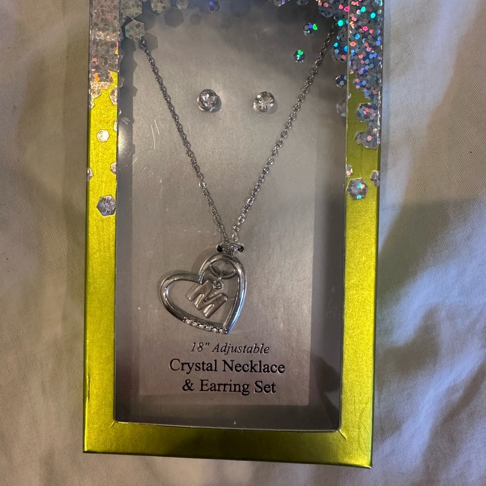 Silver Crystal Heart Necklace & Earring Set
